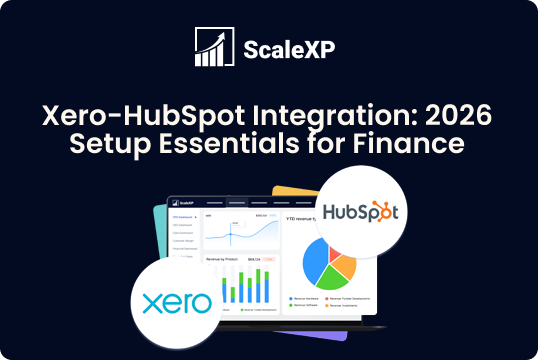 Dark blue ScaleXP banner featuring round Xero and HubSpot logos surrounding a laptop screen with charts, illustrating Xero–HubSpot integration for finance workflows