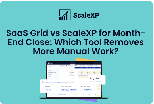 ScaleXP vs SaaS Grid infographic on a teal background comparing month-end close tools, highlighting automation and reduced manual work with ScaleXP and SaaS Grid.