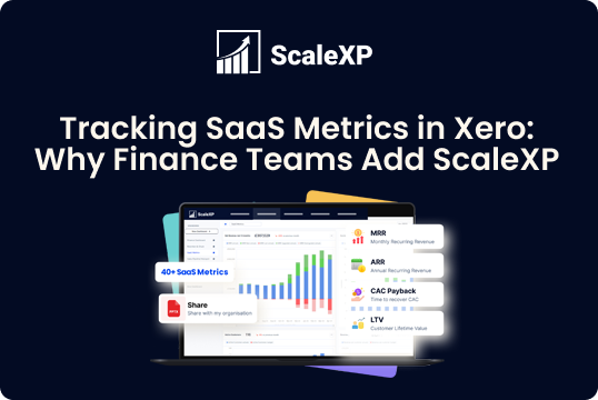 Xero SaaS metrics dashboard displayed on a ScaleXP article page, highlighting key financial metrics like ARR, CAC payback, and monthly recurring revenue for SaaS teams.