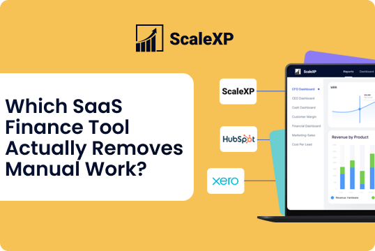 ScaleXP branding on a yellow background with a laptop displaying dashboards, and logos for ScaleXP, HubSpot, and Xero, illustrating SaaS tool comparisons.