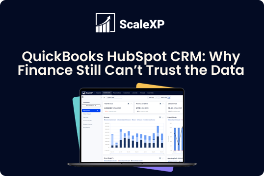Dark blue ScaleXP article cover featuring a laptop displaying finance dashboards and charts, illustrating why finance teams can’t trust new data.