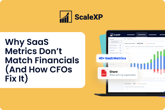 ScaleXP branded graphic with a laptop displaying SaaS metrics charts on a yellow background and blue accents, conveying analytics and growth visuals.