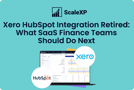 HubSpot and Xero logos appear on a teal ScaleXP background with a laptop illustration, conveying a branded graphic for ScaleXP content and integrations.