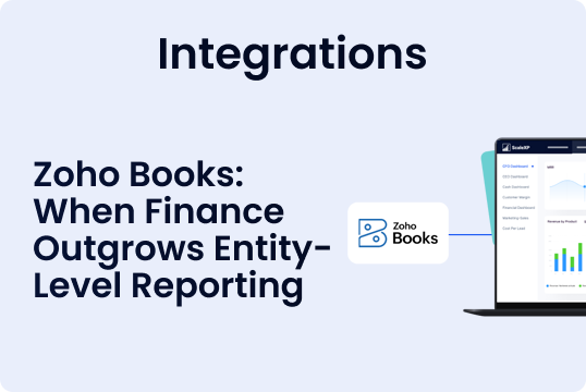 Blue background illustration featuring the Zoho Books logo and ScaleXP branding, with a laptop graphic representing finance integration and entity-level reporting.