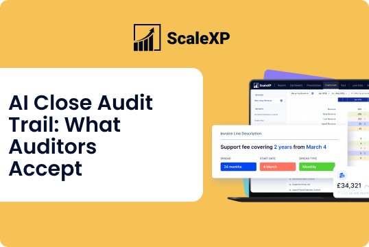 ScaleXP banner with the headline “AI Close Audit Trail: What Auditors Accept” and a blue software dashboard on a yellow background.