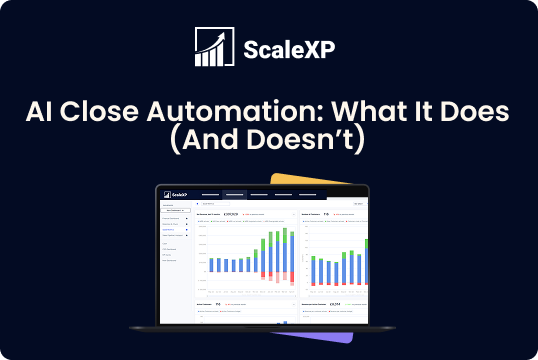 AI Close Automation overview with ScaleXP branding, shown on a laptop with dashboard charts against a dark blue background.
