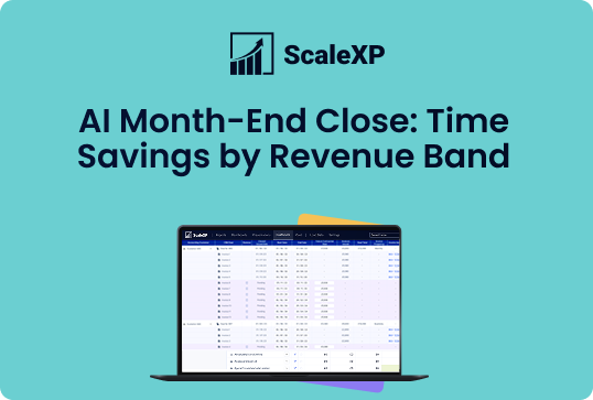 AI Month–End Close: Time Savings by Revenue Band headline above a ScaleXP laptop dashboard illustration on a teal background with blue accents.