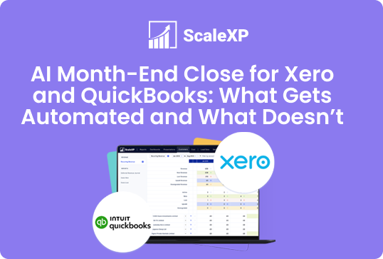 ScaleXP graphic with the title AI month-end close for Xero and QuickBooks, showing Xero and QuickBooks logos on a purple background.