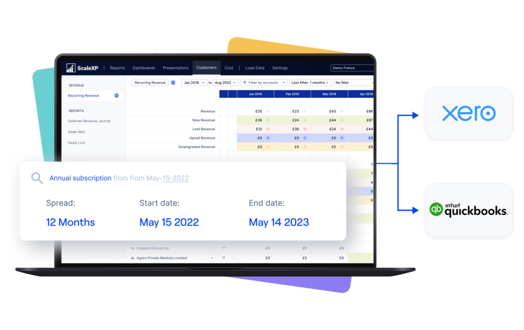 ScaleXP connects revenue recognition workflows with Xero and QuickBooks so finance teams can prepare, review, and post journals more efficiently.