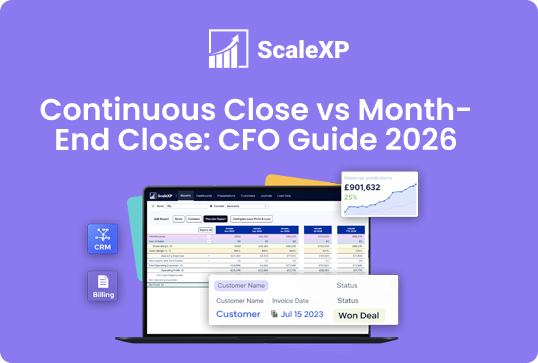 Purple dashboard graphic from ScaleXP comparing continuous close and month-end close, with CFO Guide 2026 text and analytics charts on a laptop.