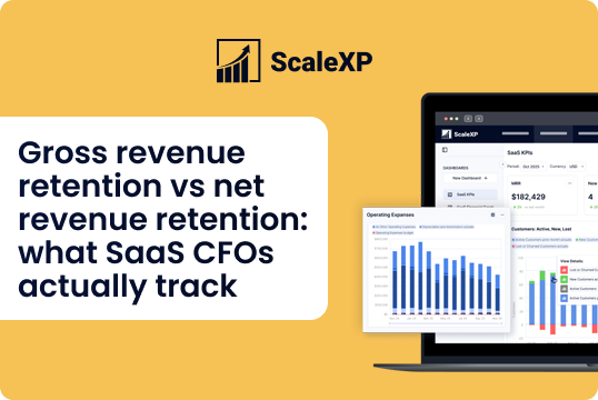ScaleXP graphic with yellow background showing gross revenue retention vs net revenue retention and SaaS CFO tracking, plus bar charts