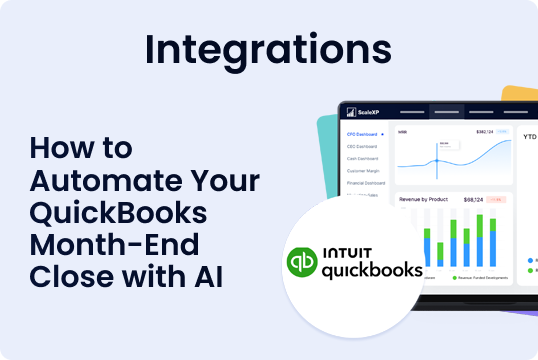 Integrations banner showing “How to Automate Your QuickBooks Month-End Close with AI” with ScaleXP analytics screens in light blue.