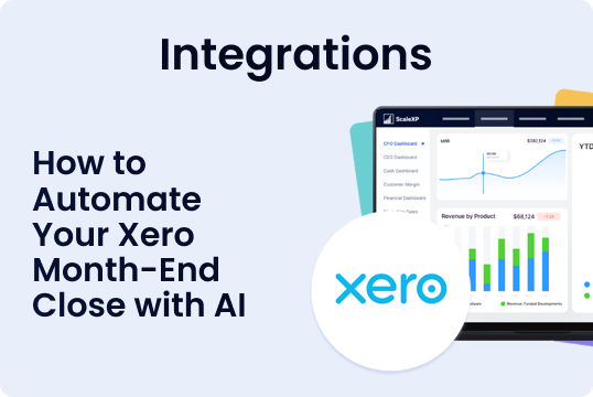 How to Automate Your Xero Month-End Close with AI with a blue and white dashboard style interface and charting visuals on screen