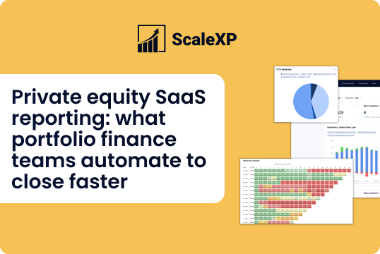 Yellow ScaleXP graphic with the headline “Private equity SaaS reporting: what portfolio finance teams automate to close faster” and analytics charts.