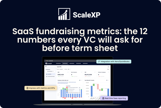 ScaleXP banner reading “Saas fundraising metrics: the 12 numbers every VC will ask for before term sheet” with chart visuals