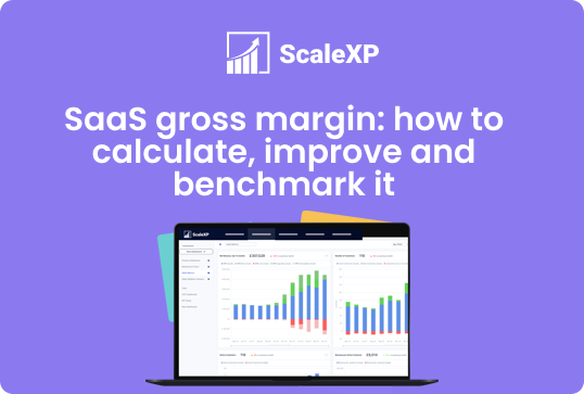 ScaleXP SaaS gross margin guide graphic with laptop screen showing colorful bar and line charts on a purple background