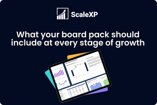 ScaleXP dark navy graphic with “What your board pack should include at every stage of growth,” tablet screen showing bar and line charts