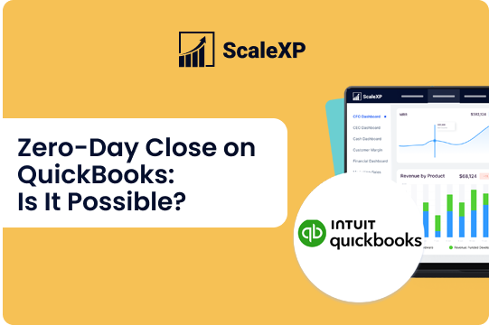 Zero-Day Close on QuickBooks headline with ScaleXP branding and Intuit QuickBooks logo, plus blue chart visuals on a yellow background.