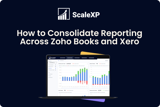 ScaleXP graphic with the headline “How to Consolidate Reporting Across Zoho Books and Xero” above a laptop dashboard on a navy background.