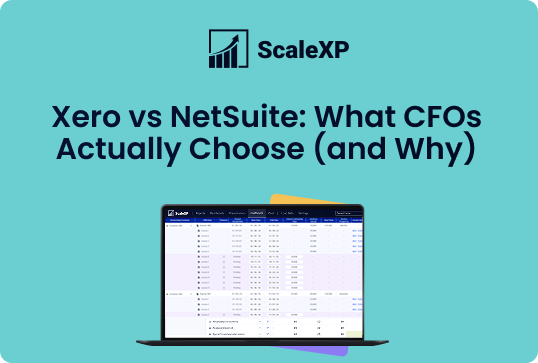 ScaleXP graphic with the headline “Zero vs NetSuite: What CFOs Actually Choose (and Why)” and a laptop screen on a turquoise background.