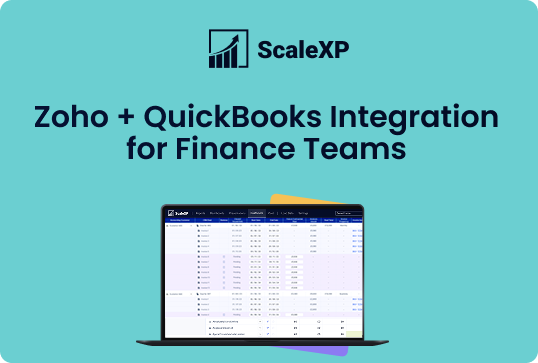 ScaleXP banner with Zoho + QuickBooks Integration for Finance Teams, set on a turquoise background with a laptop screen showing accounting data.