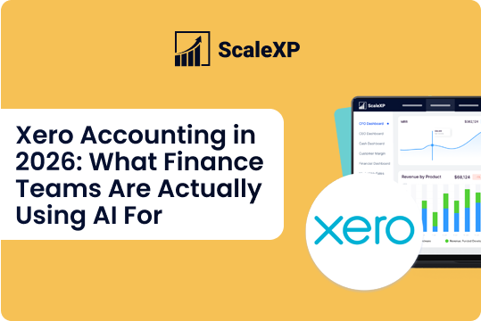 Yellow ScaleXP graphic with the headline “Xero Accounting in 2026: What Finance Teams Are Actually Using AI For” and chart visuals.