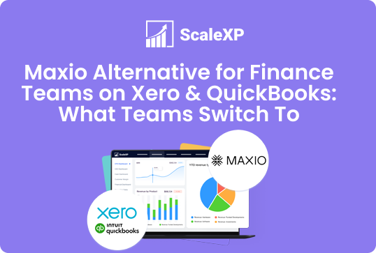 Maxio alternative for finance teams on Xero and QuickBooks with the ScaleXP logo and MAXIO emblem over a purple background for accounting workflows.