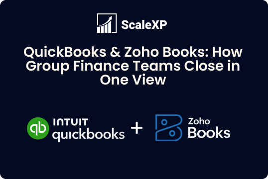 QuickBooks and Zoho Books comparison graphic with ScaleXP branding and bold headline text in white on a dark navy background.