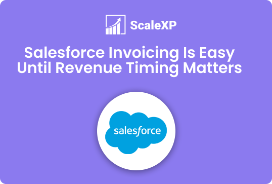 ScaleXP graphic with the headline “Salesforce Invoicing Is Easy Until Revenue Timing Matters” above the Salesforce cloud logo on a purple background.