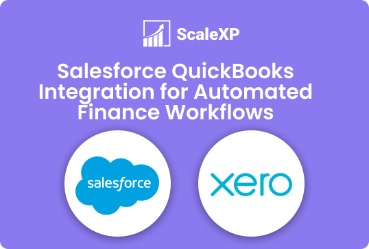 ScaleXP graphic with Salesforce QuickBooks Integration for Automated Finance Workflows text and Salesforce and Xero logos on a purple background.