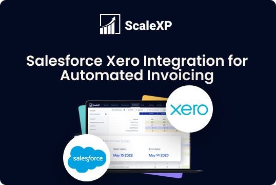 Salesforce and Xero integration graphic with automated invoicing text, ScaleXP branding, and a laptop dashboard on a dark blue background with logos.