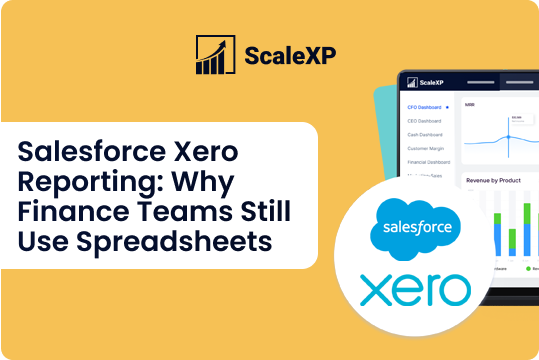 Salesforce Xero Reporting: Why Finance Teams Still Use Spreadsheets headline beside ScaleXP branding, with dashboard charts and Salesforce Xero logos on a yellow background.