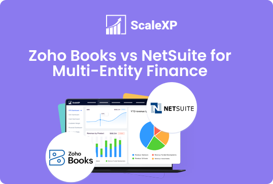 ScaleXP comparison graphic for Zoho Books vs NetSuite for multi-entity finance, shown with white product logos on a purple background.
