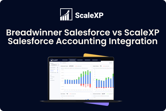 ScaleXP branding appears above a laptop analytics dashboard beside the headline Breadwinner Salesforce vs ScaleXP Salesforce Accounting Integration.