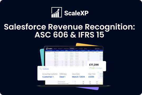 A ScaleXP graphic presents Salesforce Revenue Recognition for ASC 606 and IFRS 15, with a dashboard mockup and key revenue figures.