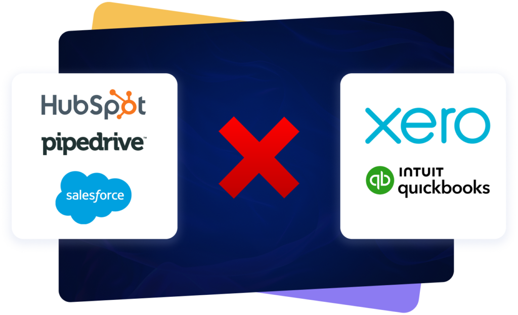 SALESFORCE, HubSpot, Pipedrive, QuickBooks and xero logos with a red X between them, illustrating the integration gap that fails to handle revenue recognition, targets vs. actuals, and P&L reconciliation.