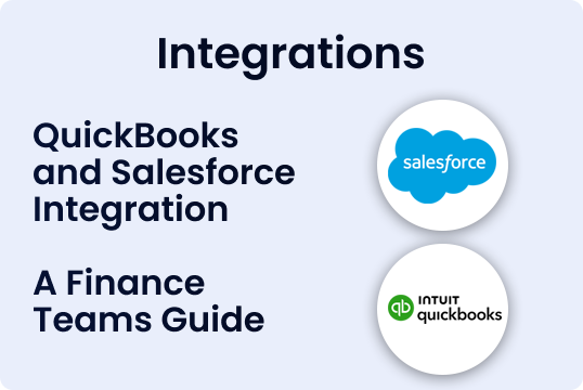 A light blue card reads Integrations, QuickBooks and Salesforce Integration, and A Finance Teams Guide beside Salesforce and QuickBooks logos.