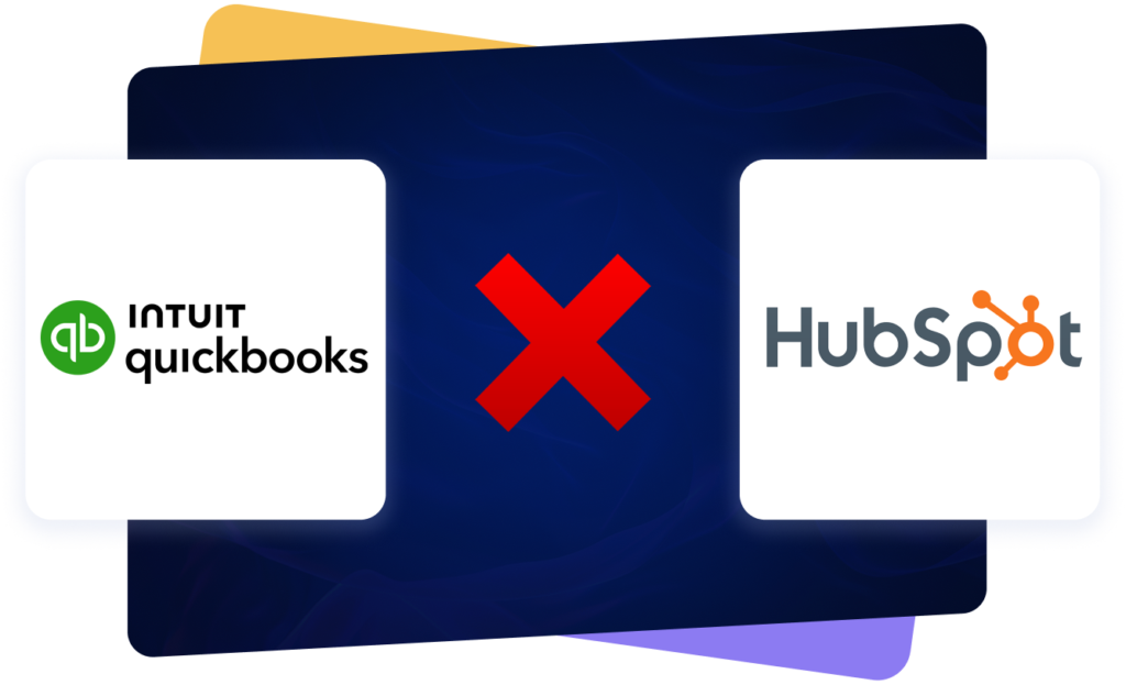 QuickBooks and HubSpot logos appear on opposite sides of a dark blue graphic, separated by a large red X that signals integration failures.