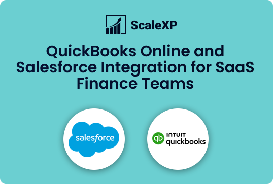 A turquoise graphic shows the ScaleXP logo above the title QuickBooks Online and Salesforce Integration for SaaS Finance Teams with brand logos below.