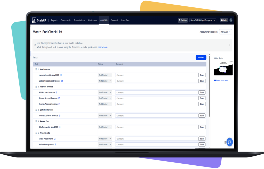 ScaleXP month-end close checklist showing revenue journal tasks including new revenue, accrued revenue, deferred revenue and prepayments