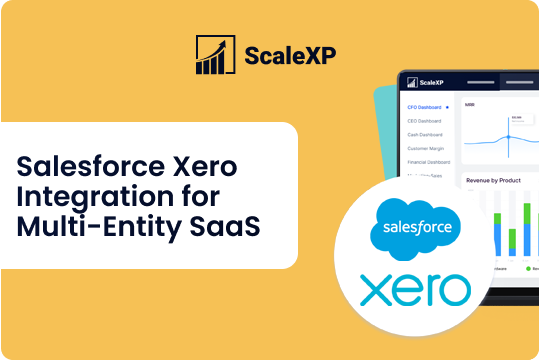 A yellow ScaleXP banner presents Salesforce Xero integration for multi-entity SaaS beside dashboard charts and the Salesforce and Xero logos on screen.
