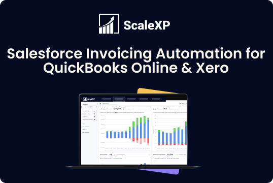 ScaleXP branding sits above the headline Salesforce Invoicing Automation for QuickBooks Online & Xero, with a laptop dashboard below on navy blue.