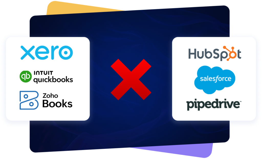 Two panels connected by a red X: Xero, QuickBooks, and Zoho Books logos on the left, HubSpot, Salesforce, and Pipedrive logos on the right, illustrating a disconnect between accounting and CRM systems.
