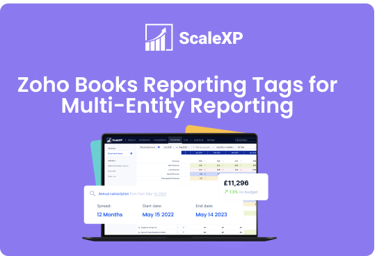 ScaleXP dashboard showing Zoho Books Reporting Tags for multi-entity reporting, including budget variance and analysis by reporting period.